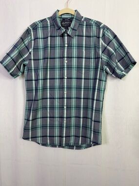 American Rag Cie Shirt Button Short Sleeve Blue White Plaid Chest Pocket
